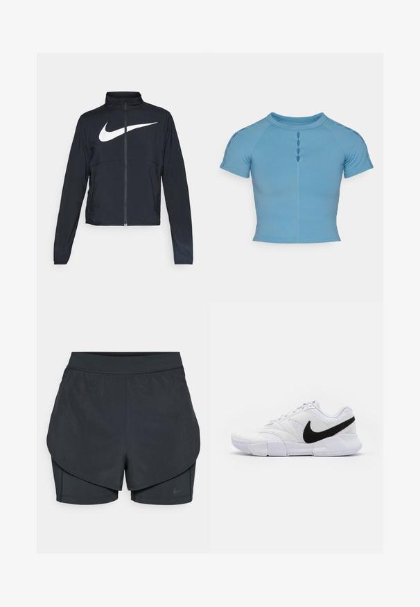Svart sportjacka med hel dragkedja, hög krage, långa ärmar och stor vit Nike swoosh-logotyp över bröstet.; Ljusblå top med kort ärm och elastiskt material. Har en rund halsringning och dekorativa knappliknande utskärningar som är centrerade fram.; Svarta träningsshorts med ett lagerdesign, med ett slätt yttre lager och en åtsittande inre short. Tillverkade av lätt, elastisk tyg.; Vit sportskor med övre i texturerat läder, en svart swoosh-logotyp och en vadderad krage. Har en gummisula för grepp.