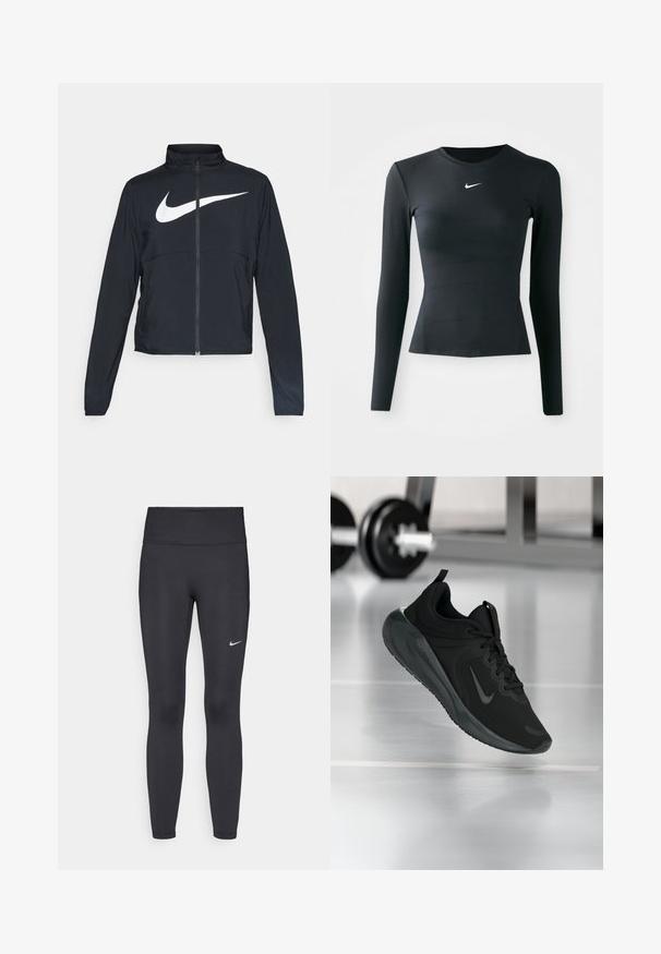 Black full-zip sports jacket with high collar, long sleeves, and large white Nike swoosh logo across the chest.; Black long-sleeve fitted top made of smooth, stretchy fabric. Features a crew neck and a small white Nike logo on the chest.; Black leggings made of stretchy fabric, featuring a high waistband and a white Nike logo on the left thigh. Smooth texture, form-fitting design.; Black sports sneaker with Nike logo, shown mid-air on gym floor, with blurred dumbbell rack in background.