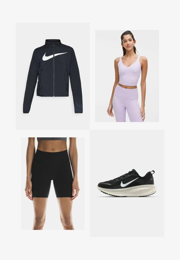 Veste de sport noire zippée sur toute la longueur avec un col haut, des manches longues et un grand logo Nike swoosh blanc sur la poitrine.; Un crop top de sport lilas avec des bretelles épaisses et un col en V, associé à un legging lilas taille haute. Le matériau semble lisse et extensible.; On PERFORMANCE - Collants de running - black; Baskets de course noir Nike avec tige respirante en mesh, logo swoosh blanc, détails texturés et semelle intermédiaire ZoomX de couleur crème.