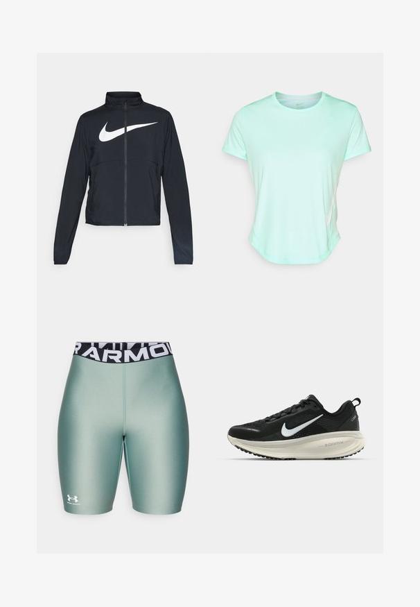 Melnā sporta jaka ar pilnu rāvējslēdzēju, augstu apkakli, garām piedurknēm un lielu baltu Nike swoosh logotipu krūšu daļā.; Piparmētru zaļas īsās piedurknes sporta T-krekls, gluda auduma ar apaļu kaklu un diskrētu Nike logo uz sāniem. Nedaudz izliekta apmale.; Gaiši zaļi sporta šorti ar gludu tekstūru, kuriem ir melna josta ar baltajiem burtiem "ARMOUR" un neliels balts logotips.; Melnas Nike skriešanas kurpes ar elpojošu acs augšdaļu, baltu Swoosh logotipu, strukturētu apdari un krēmkrāsas ZoomX starpsole.