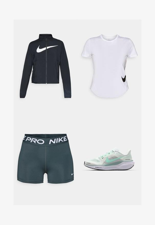 Zwarte sportjas met volledige rits, hoge kraag, lange mouwen en groot wit Nike swoosh-logo op de borst.; Witte sportshirt met korte mouwen van gladde stof, met een zwart Nike-logo aan de linkerkant en een gebogen zoom onderaan.; Donkergrijze Nike Pro sportshorts met een brede elastische tailleband waarop "NIKE PRO" in witte letters staat en een klein wit Nike swoosh-logo.; Lichte hardloopschoen met een ademend mesh bovenwerk in wit en mintgroen. Beschikt over TPU-accenten, een gevoerde zool en een gestructureerde buitenzool.