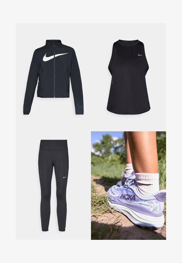 Crna sportska jakna s punim patentnim zatvaračem, visokim ovratnikom, dugim rukavima i velikim bijelim Nike swoosh logom preko grudi.; Crni bezrukavni trkački majica od laganog materijala s okruglim izrezom; ima suptilan logotip i bočne proreze za prozračnost.; Crne tajice izrađene od rastezljivog materijala, s visokim strukom i bijelim Nike logotipom na lijevom bedru. Glatka tekstura, dizajn koji prati obline.; HOKA STINSON 7 - Tenisice za trail trčanje - cosmic sky/meteor