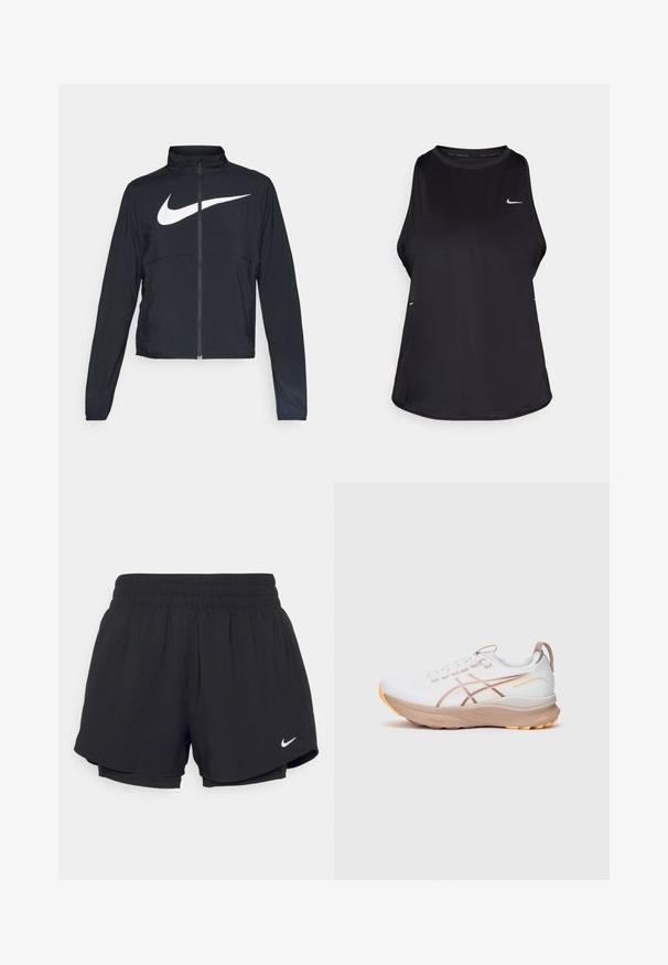 Čierna športová bunda na zips s vysokým golierom, dlhými rukávmi a veľkým bielym logom Nike na hrudi.; Čierny bezrukávový bežecký top vyrobený z ľahkého materiálu s okrúhlym výstrihom; obsahuje diskrétne logo a bočné rozparky pre lepšiu priedušnosť.; Čierne športové šortky s elastickým pásom, vnútornou podšívkou a bielym logom Nike na dolnej ľavej strane. Hladká, ľahká tkanina.; Bielo-športová obuv s béžovými akcentmi, textúrovaným zvrškom, šnurovacím systémom a oranžovou podrážkou. Obsahuje dizajnové línie na stranách pre väčší detail.