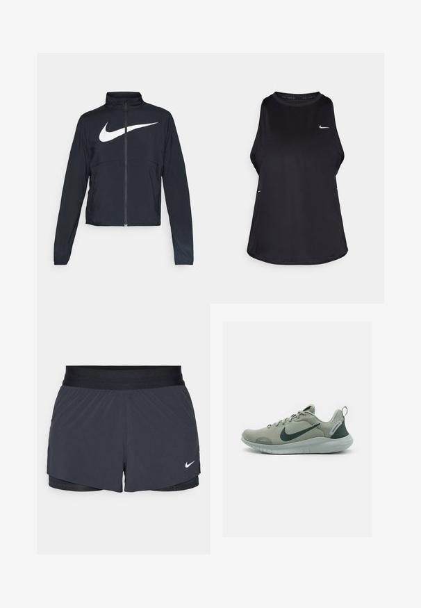Svart joggebund med hel glidelås, høy krage, lange ermer og stort hvitt Nike swoosh-logo over brystet.; Svart ermeløs løpe-trøye laget av lett materiale med rund hals; har en subtil logo og sideslitser for pusteevne.; Sorte treningshorts med elastisk midjebånd, med lagdelt design og liten hvit Nike-logo på nederste venstre side. Lett materiale.; Nike Performance FLEX EXPERIENCE RUN 12 - Treningssko - jade horizon/vintage green/light silver