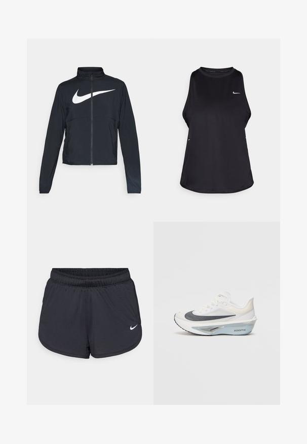 Czarna bluza sportowa na zamek błyskawiczny z wysokim kołnierzem, długimi rękawami i dużym białym logo Nike na klatce piersiowej.; Czarny bezrękawnik biegowy wykonany z lekkiego materiału, z okrągłym dekoltem; ma subtelne logo oraz boczne rozcięcia dla lepszej wentylacji.; Czarne sportowe spodenki z elastycznym pasem, z sportowym wzorem i białym logo Nike na dolnej części przedniej strony. Tkanina o fakturze.; Białe buty do biegania z przewiewną siateczką, niebieskimi akcentami i charakterystyczną podeszwą środkową z widocznym systemem amortyzacji.