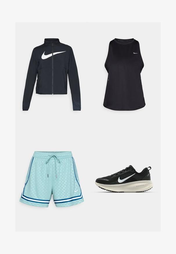 Svart joggebund med hel glidelås, høy krage, lange ermer og stort hvitt Nike swoosh-logo over brystet.; Svart ermeløs løpe-trøye laget av lett materiale med rund hals; har en subtil logo og sideslitser for pusteevne.; Lyseblå shorts med et teksturert rutemønster, elastisk midjebånd, justerbar snor, samt blå og hvite sidestreker. Nike-logo på forsiden.; Svart Nike løpesko med pustende mesh-overdel, hvit swoosh-logo, teksturert detaljer og en kremfarget ZoomX mellomsåle.