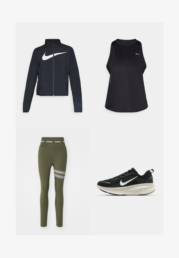 Czarna bluza sportowa na zamek błyskawiczny z wysokim kołnierzem, długimi rękawami i dużym białym logo Nike na klatce piersiowej.; Czarny bezrękawnik biegowy wykonany z lekkiego materiału, z okrągłym dekoltem; ma subtelne logo oraz boczne rozcięcia dla lepszej wentylacji.; Legginsy w kolorze oliwkowym, wykonane z elastycznego materiału, z wysokim pasem z napisem "STRONGER" oraz trzema poziomymi paskami z siateczki na udzie.; Czarna biegowa półbut z oddychającej siateczki, białym logo swoosh, teksturowanymi detalami oraz kremową podeszwą środkową ZoomX.