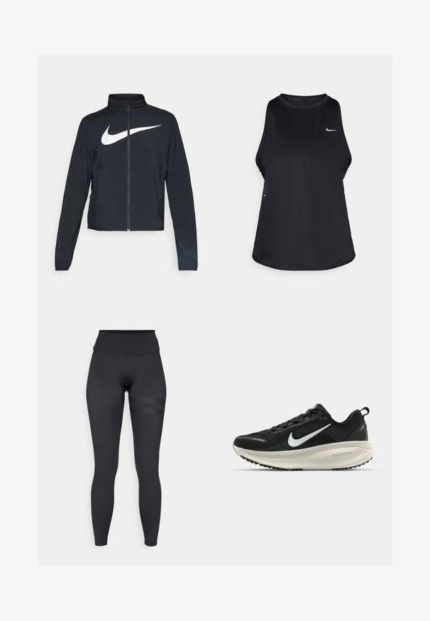 Černá sportovní bunda na zip s vysokým límcem, dlouhými rukávy a velkým bílým logem Nike swoosh přes prsa.; Černý bezrukávový sportovní top vyrobený z lehkého materiálu s kulatým výstřihem; má decentní logo a boční rozparky pro lepší prodyšnost.; Černé legíny s vysokým pasem, které mají hladkou texturu a jemné pruhy na stehně pro přidaný detail.; Černá běžecká obuv Nike s prodyšným síťovaným svrškem, bílým logem swoosh, texturovanými detaily a krémovou mezipodešví ZoomX.