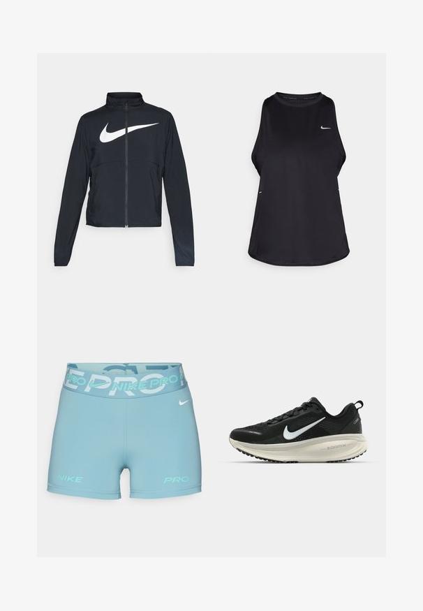 Čierna športová bunda na zips s vysokým golierom, dlhými rukávmi a veľkým bielym logom Nike na hrudi.; Čierny bezrukávový bežecký top vyrobený z ľahkého materiálu s okrúhlym výstrihom; obsahuje diskrétne logo a bočné rozparky pre lepšiu priedušnosť.; Nike Performance SHORT - Legíny - denim turquoise/glacier blue/green frost/white; Čierne bežecké topánky Nike s priedušnou sieťovinou, bielym logom s symbolom swoosh, textúrovanými detailmi a krémovou ZoomX medzipodrážkou.