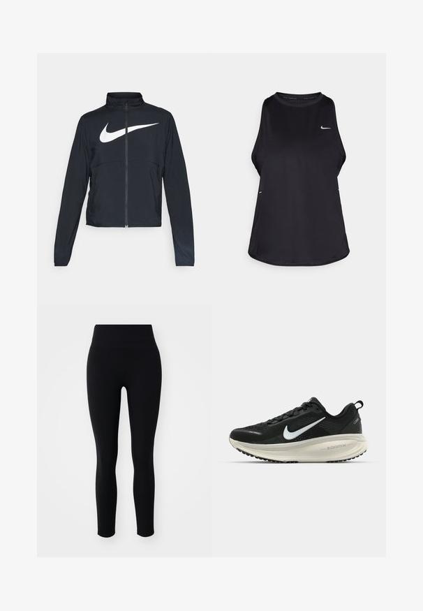 Černá sportovní bunda na zip s vysokým límcem, dlouhými rukávy a velkým bílým logem Nike swoosh přes prsa.; Černý bezrukávový sportovní top vyrobený z lehkého materiálu s kulatým výstřihem; má decentní logo a boční rozparky pro lepší prodyšnost.; Černé legíny vyrobené z elastického materiálu, s vysokým pasem a hladkou strukturou, navržené pro pohodlí a flexibilitu.; Černá běžecká obuv Nike s prodyšným síťovaným svrškem, bílým logem swoosh, texturovanými detaily a krémovou mezipodešví ZoomX.