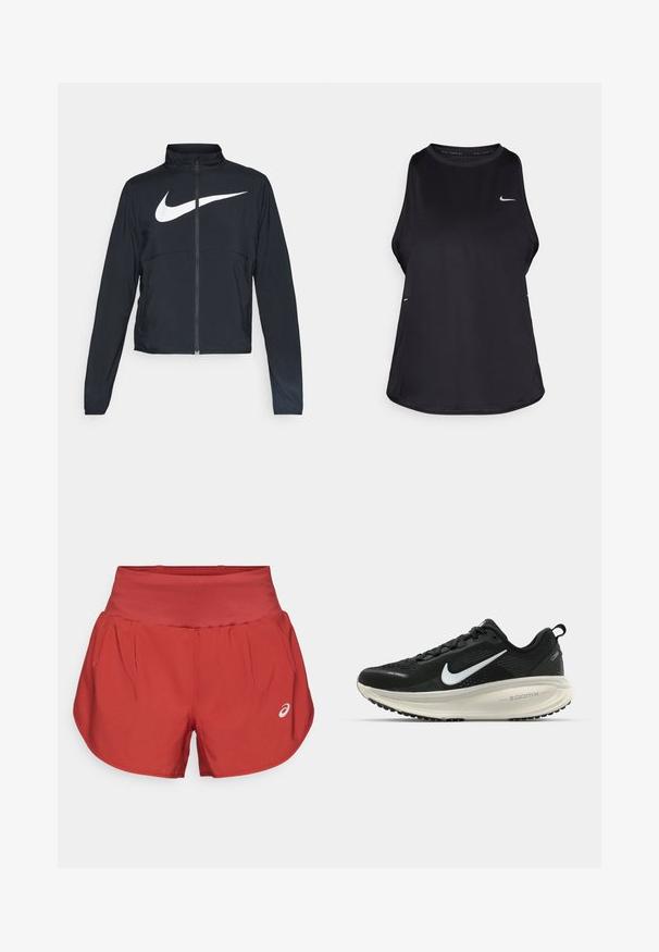 Black full-zip sports jacket with high collar, long sleeves, and large white Nike swoosh logo across the chest.; Black sleeveless running tank top made of lightweight material with a round neck; features a subtle logo and side slits for breathability.; Red athletic shorts with a flat waistband, pleats at the sides, and a small white logo on the front. Smooth fabric, slightly flared cut.; Black Nike running shoe with breathable mesh upper, white swoosh logo, textured detailing, and a cream-colored ZoomX midsole.