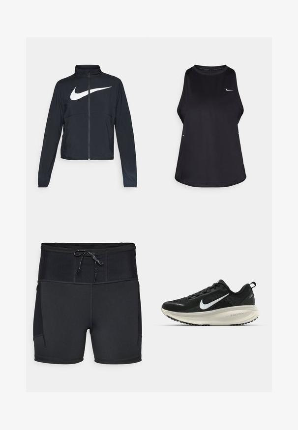 Zwarte sportjas met volledige rits, hoge kraag, lange mouwen en groot wit Nike swoosh-logo op de borst.; Zwarte mouwloze hardlooptanktop van lichtgewicht materiaal met een ronde hals; heeft een subtiel logo en zijslits voor ventilatie.; Zwarte sportshorts met een hoge tailleband, een getextureerd bovenpaneel en een trekkoord. Voorzien van vlakke naden en zijzakken.; Zwarte Nike hardloopschoen met ademend mesh bovenwerk, witte swoosh-logo, gestructureerde details en een crèmekleurige ZoomX middenzool.