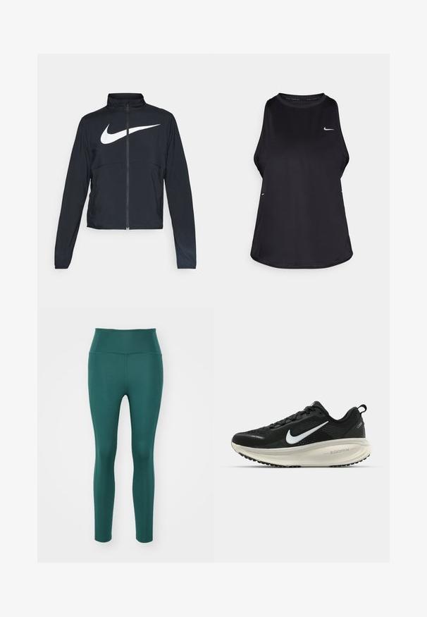 Črna športna jakna z polnim zadrgo, visokim ovratnikom, dolgimi rokavi in velikim belim logotipom Nike swoosh čez prsi.; Črna brezrokavna tekaška majica iz lahkega materiala s krožnim izrezom; ima subtilen logotip in stranske razpoke za zračnost.; Hlače z visokim pasom v temno modri barvi, izdelane iz gladkega, raztegljivega materiala. Imajo usnjen dizajn brez vidnih šivov ali vzorcev.; Črne Nike tekaške čevlje z zračno mrežno zgornjim delom, belim logotipom Swoosh, teksturiranimi detajli in smetanasto barvnim srednjim delom ZoomX.