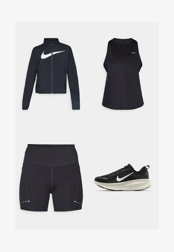 Veste de sport noire zippée sur toute la longueur avec un col haut, des manches longues et un grand logo Nike swoosh blanc sur la poitrine.; Débardeur de course sans manches noir, fabriqué dans un matériau léger, avec un col rond ; présente un logo discret et des fentes sur les côtés pour une meilleure respirabilité.; Shorts de sport noirs avec une texture lisse, une taille haute et des accents blancs contrastants sur les côtés. Fabriqués en matériau extensible et respirant.; Baskets de course noir Nike avec tige respirante en mesh, logo swoosh blanc, détails texturés et semelle intermédiaire ZoomX de couleur crème.