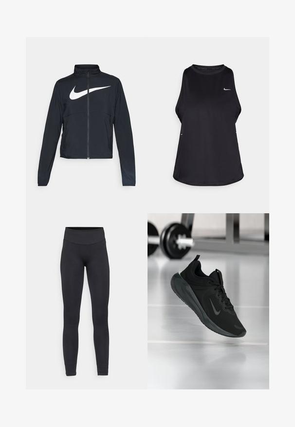 Černá sportovní bunda na zip s vysokým límcem, dlouhými rukávy a velkým bílým logem Nike swoosh přes prsa.; Černý bezrukávový sportovní top vyrobený z lehkého materiálu s kulatým výstřihem; má decentní logo a boční rozparky pro lepší prodyšnost.; Černé legíny vyrobené z elastického materiálu, s vysokým pasem, bezšvým designem a zúženými nohavicemi, vhodné pro různé aktivity.; Černé sportovní tenisky s logem Nike, zobrazené ve vzduchu na podlaze tělocvičny, s rozostřeným regálem s činkami na pozadí.