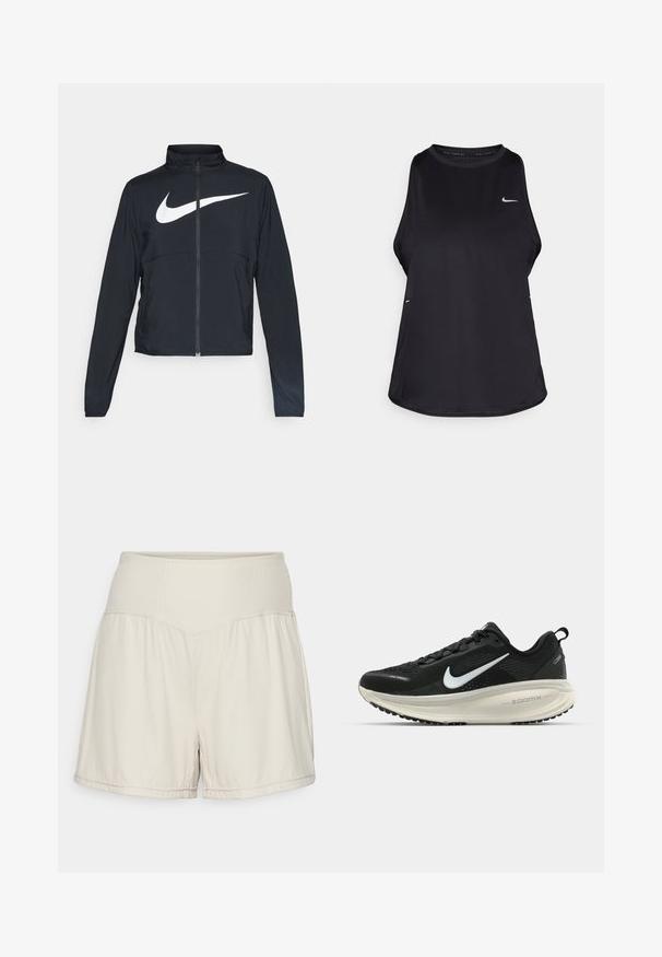 Crna sportska jakna s punim patentnim zatvaračem, visokim ovratnikom, dugim rukavima i velikim bijelim Nike swoosh logom preko grudi.; Crni bezrukavni trkački majica od laganog materijala s okruglim izrezom; ima suptilan logotip i bočne proreze za prozračnost.; Svijetlosmeđi šorts s teksturiranim rebrastim pojasom, lepršavog dizajna i svakodnevnog kroja. Sadrži šavane rubove i bočne proreze za veću fleksibilnost.; Crne Nike trkačke tenisice s prozračnom mrežastom gornjom konstrukcijom, bijelim swoosh logotipom, teksturiranim detaljima i kremastom ZoomX srednjom potplatnom jedinicom.