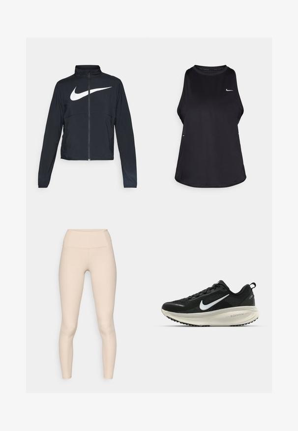 Černá sportovní bunda na zip s vysokým límcem, dlouhými rukávy a velkým bílým logem Nike swoosh přes prsa.; Černý bezrukávový sportovní top vyrobený z lehkého materiálu s kulatým výstřihem; má decentní logo a boční rozparky pro lepší prodyšnost.; Béžové příčný žebrované legíny s vysokým pasem. Jsou vyrobeny z hladkého materiálu a mají přiléhavý střih, bez viditelných švů nebo log.; Černá běžecká obuv Nike s prodyšným síťovaným svrškem, bílým logem swoosh, texturovanými detaily a krémovou mezipodešví ZoomX.