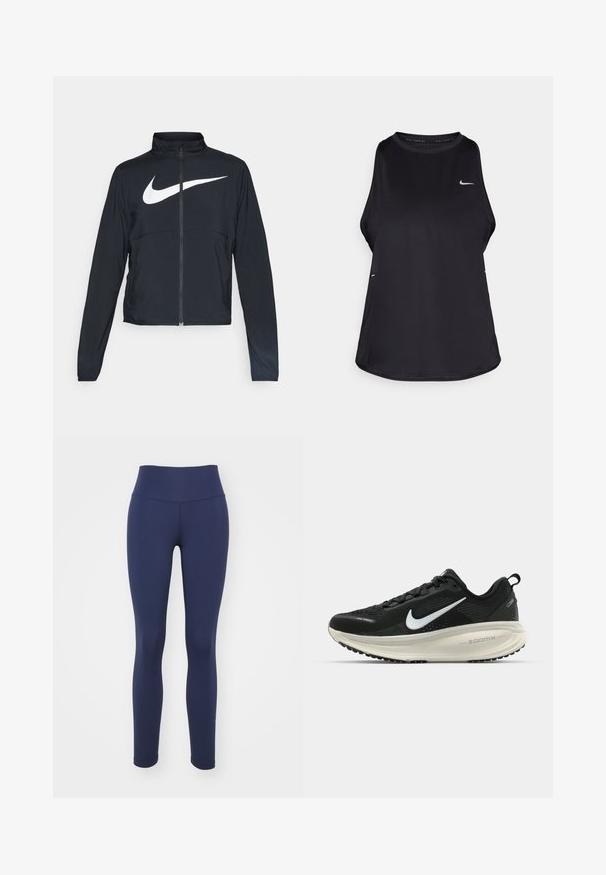 Čierna športová bunda na zips s vysokým golierom, dlhými rukávmi a veľkým bielym logom Nike na hrudi.; Čierny bezrukávový bežecký top vyrobený z ľahkého materiálu s okrúhlym výstrihom; obsahuje diskrétne logo a bočné rozparky pre lepšiu priedušnosť.; Nike Performance ONE - Legíny - obsidian/black; Čierne bežecké topánky Nike s priedušnou sieťovinou, bielym logom s symbolom swoosh, textúrovanými detailmi a krémovou ZoomX medzipodrážkou.