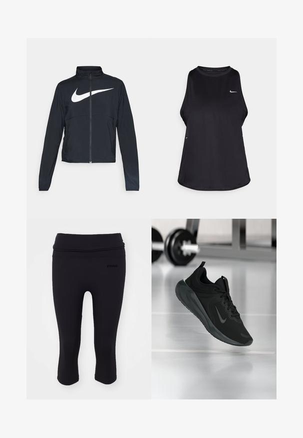 Černá sportovní bunda na zip s vysokým límcem, dlouhými rukávy a velkým bílým logem Nike swoosh přes prsa.; Černý bezrukávový sportovní top vyrobený z lehkého materiálu s kulatým výstřihem; má decentní logo a boční rozparky pro lepší prodyšnost.; Černé capri legíny vyrobené z elastického materiálu s širokým pasem. Na přední straně je natištěno slovo "SILNĚJŠÍ". Hladká textura.; Černé sportovní tenisky s logem Nike, zobrazené ve vzduchu na podlaze tělocvičny, s rozostřeným regálem s činkami na pozadí.