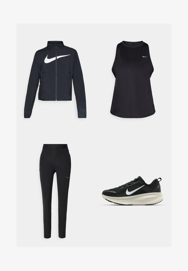 Černá sportovní bunda na zip s vysokým límcem, dlouhými rukávy a velkým bílým logem Nike swoosh přes prsa.; Černý bezrukávový sportovní top vyrobený z lehkého materiálu s kulatým výstřihem; má decentní logo a boční rozparky pro lepší prodyšnost.; Černé sportovní kalhoty vyrobené z elastického materiálu, s přiléhavým střihem, elastickým pasem a jemným detailem loga poblíž boků.; Černá běžecká obuv Nike s prodyšným síťovaným svrškem, bílým logem swoosh, texturovanými detaily a krémovou mezipodešví ZoomX.