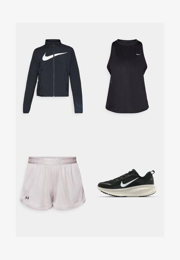 Jachetă sport neagră cu fermoar pe toată lungimea, guler înalt, mâneci lungi și un logo mare alb Nike swoosh pe piept.; Top de alergare fără mâneci, de culoare neagră, confecționat dintr-un material ușor, cu guler rotund; are un logo discret și crăpături laterale pentru ventilație.; Bermude sportive gri deschis dintr-un material texturat, cu o talie elastică pe care se află inscripția "UNDER ARMOUR" și un logo negru în colțul din stânga jos.; Pantofii de alergare negri de la Nike, cu parte superioară din plasă respirabilă, logo-ul alb Swoosh, detalii texturate și o talpă intermediară ZoomX de culoare crem.