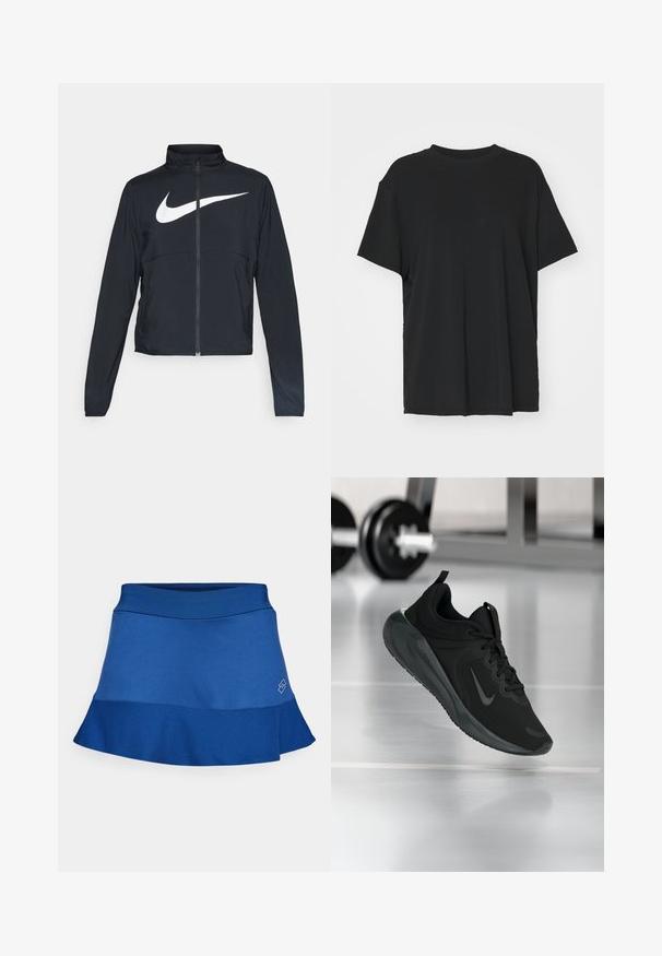 Casaco desportivo preto com fecho éclair completo, gola alta, mangas longas e grande logótipo branco da Nike na parte frontal.; T-shirt preto de manga curta feito de tecido suave, com decote redondo e corte solto. Apresenta aberturas laterais para maior conforto e respirabilidade.; Saia atlética azul com uma cintura ajustada e bainha ampla. Feita de um tecido suave e leve com um discreto detalhe de logotipo.; Sapatilha desportiva preta com o logotipo da Nike, mostrada em pleno ar sobre o chão do ginásio, com um suporte de halteres desfocado ao fundo.