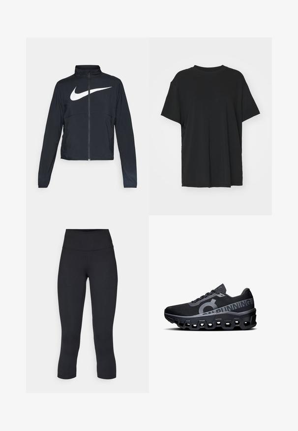 Juodas sportinis džemperis su visiškai užtraukiama užtrauktuku, aukšta apykakle, ilgomis rankovėmis ir dideliu baltu Nike swoosh logotipu per krūtinę.; Juodas trumpas rankovėmis marškinėliai, pagaminti iš lygaus audinio, su apvaliu iškirpimu ir laisvu siluetu. Įrengti šoninių skeltukų patogumui ir oro pralaidumui.; Juodos apkarpytos legginsai, pagaminti iš tamprios medžiagos, su aukšta juosmens linija ir glotnia tekstūra, be matomų raštų ar detalių.; Juodos bėgimo bateliai su tekstūruota tinkline viršune, įrengti ryškų logotipą ir atspindinčius akcentus. Storas putplasčio padas su šešiakampėmis išpjovomis.