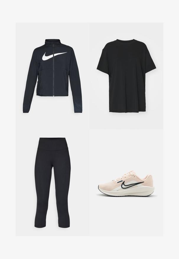 Zwarte sportjas met volledige rits, hoge kraag, lange mouwen en groot wit Nike swoosh-logo op de borst.; Zwarte korte mouwen t-shirt van soepel stof, met een ronde hals en een losse pasvorm. Heeft zij-splitten voor extra comfort en ademend vermogen.; Zwarte cropped leggings van rekbaar materiaal, met een hoge tailleband en een gladde textuur, zonder zichtbare patronen of hardware.; Nike Performance DOWNSHIFTER 13 - Hardloopschoenen voor op de weg - guava ice, armory,navy sail