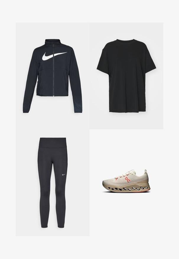 Melnā sporta jaka ar pilnu rāvējslēdzēju, augstu apkakli, garām piedurknēm un lielu baltu Nike swoosh logotipu krūšu daļā.; Melna īsām piedurknēm T-krekli, izgatavots no gludas auduma, ar apaļu kakla izgriezumu un brīvu piegriezumu. Satur sānu šķēlumu, lai nodrošinātu papildu komfortu un gaisa caurlaidību.; Melnas legingi, izgatavoti no elastīga auduma, ar augstu jostu un baltu Nike logotipu kreisajā augšstilbā. Gluda tekstūra, piegulošs dizains.; Gaiši beidži sporta apavi ar teksturētu virsu, sarkaniem akcentiem un inovatīvu zoli, kuras izgriezumi nodrošina elpojamību un amortizāciju.