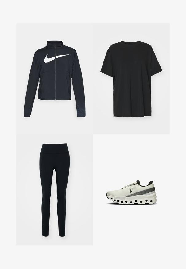 Veste de sport noire zippée sur toute la longueur avec un col haut, des manches longues et un grand logo Nike swoosh blanc sur la poitrine.; T-shirt noir à manches courtes en tissu lisse, avec un col ras du cou et une coupe décontractée. Présente des fentes sur les côtés pour plus de confort et de respirabilité.; Leggings noirs en matière extensible avec une taille haute. Texture lisse, design ajusté et sans embellissements ni motifs visibles.; Chaussure de sport blanche avec une tige en tricot texturé, une bande grise, et une semelle épaisse et rembourrée avec des découpes hexagonales pour plus de flexibilité.