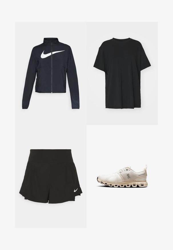 Veste de sport noire zippée sur toute la longueur avec un col haut, des manches longues et un grand logo Nike swoosh blanc sur la poitrine.; T-shirt noir à manches courtes en tissu lisse, avec un col ras du cou et une coupe décontractée. Présente des fentes sur les côtés pour plus de confort et de respirabilité.; Shorts de sport noirs avec une large taille, des détails plissés, un ourlet arrondi et un logo Nike blanc sur le coin inférieur droit.; Chaussure de sport beige clair avec tige en maille, design minimaliste, bout rond et semelle rembourrée avec des découpes segmentées pour plus de flexibilité.