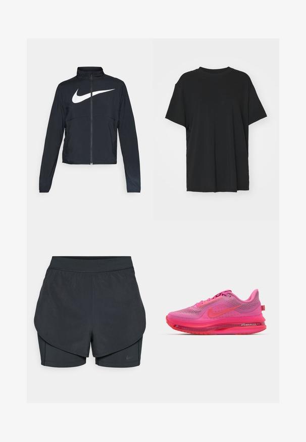 Melnā sporta jaka ar pilnu rāvējslēdzēju, augstu apkakli, garām piedurknēm un lielu baltu Nike swoosh logotipu krūšu daļā.; Melna īsām piedurknēm T-krekli, izgatavots no gludas auduma, ar apaļu kakla izgriezumu un brīvu piegriezumu. Satur sānu šķēlumu, lai nodrošinātu papildu komfortu un gaisa caurlaidību.; Melnas sporta šortus ar slāņotu dizainu, kas ietver gludu ārējo slāni un pieguļošus iekšējos šortus. Izgatavoti no viegla, elastīga auduma.; Nike skriešanas apavi ar režģa augšdaļu spilgti rozā krāsā ar gradienta akcentiem, redzamu gaisa vienību un strukturētu zoli, kas nodrošina saķeri.