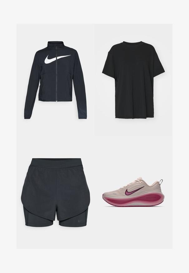 Must musta täispikk vary hoodie kõrge krae, pikad varrukad ja suur valge Nike swooshi logo rinnal.; Must have lühikeste varrukatega must t-särk, mis on valmistatud siledast kangast, ümmarguse kaelusega ja laia lõikega. Omab külgslitsid, mis pakuvad lisamugavust ja hingavust.; Mustad musta sportlikud lühikesed püksid kihilise disainiga, millel on sile välimine kiht ja istuvad sisepüksid. Valmistatud kergest, venivast kangast.; Nike ZoomX jooksutossud helesinine beežiga, tekstuurse pealmise osaga, kõverdatud roosa vaheosa ja lillad aktsendid logol ja taldades.