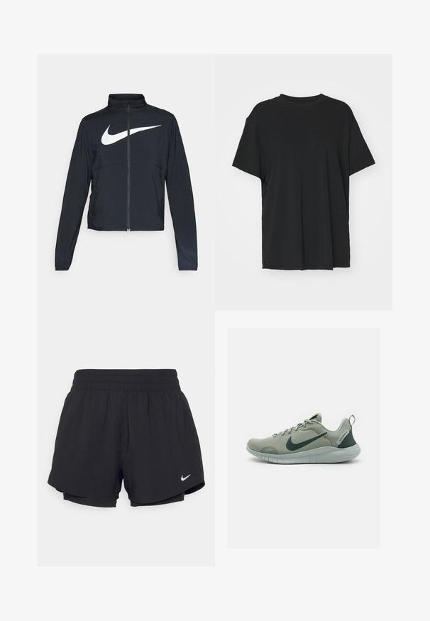 Svart sportjacka med hel dragkedja, hög krage, långa ärmar och stor vit Nike swoosh-logotyp över bröstet.; Svart kortärmad t-shirt i slätt tyg, med rund hals och lös passform. Har sidslitsar för ökad komfort och andningsförmåga.; Svarta sportshorts med elastisk midja som är sammanknuten, innerfoder och vit Nike-logotyp på nedre vänstra sidan. Slätt, lättviktsmaterial.; Nike Performance FLEX EXPERIENCE RUN 12 - Träningsskor - jade horizon/vintage green/light silver