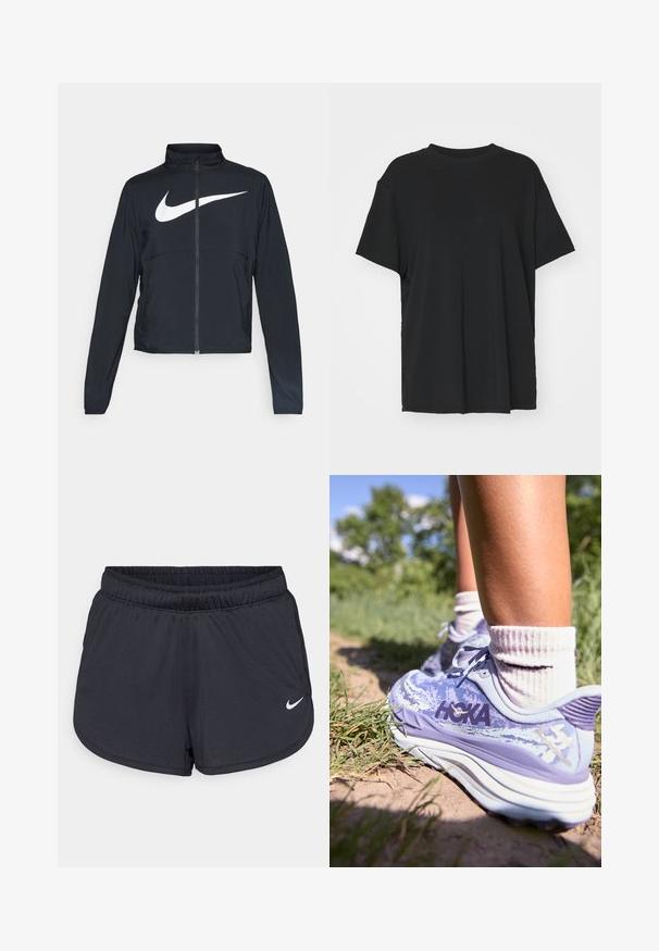 Črna športna jakna z polnim zadrgo, visokim ovratnikom, dolgimi rokavi in velikim belim logotipom Nike swoosh čez prsi.; Črna kratka majica s kratkimi rokavi, izdelana iz gladkega materiala, s kroјnim ovratnikom in prostim krojem. Ima stranske razpoke za dodatno udobje in zračnost.; Črne športne hlače iz lahkega, zračnega materiala. Imajo elastični pas in belo Nike logotip na spodnji desni strani.; HOKA STINSON 7 - Trail tekaški čevlji - cosmic sky/meteor