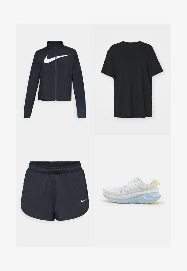 Jachetă sport neagră cu fermoar pe toată lungimea, guler înalt, mâneci lungi și un logo mare alb Nike swoosh pe piept.; Tricou negru cu mânecă scurtă, fabricat dintr-un material neted, cu guler rotund și croială lejeră. Dispune de fante laterale pentru un plus de confort și respirație.; Pantaloni scurți atletici negri, confecționați dintr-un material ușor și respirabil. Prezintă un brâu elastic și logo-ul alb Nike în colțul din dreapta jos.; Tenis alb pentru alergare cu un superior din plasă, având accente de albastru deschis și o talpă groasă. Detalii notabile de galben pe talpă și tab-ul de călcâi.