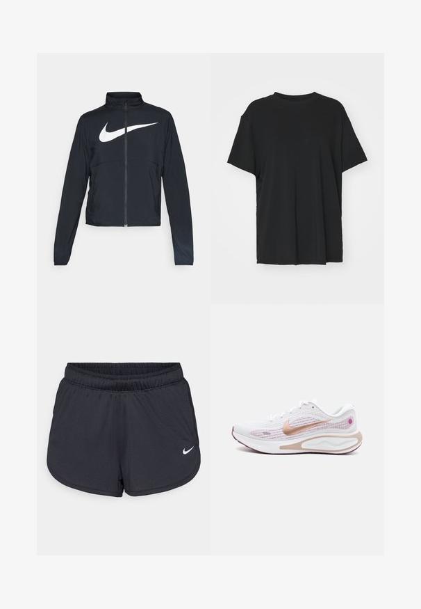 Zwarte sportjas met volledige rits, hoge kraag, lange mouwen en groot wit Nike swoosh-logo op de borst.; Zwarte korte mouwen t-shirt van soepel stof, met een ronde hals en een losse pasvorm. Heeft zij-splitten voor extra comfort en ademend vermogen.; Zwarte sportieve shorts van lichtgewicht, ademend materiaal. Voorzien van een elastische tailleband en een wit Nike-logo aan de rechteronderzijde.; Witte en roze mesh hardloopschoen met een roségouden Nike-swoosh en een gewatteerde zool, zijwaarts gezien op een witte achtergrond.