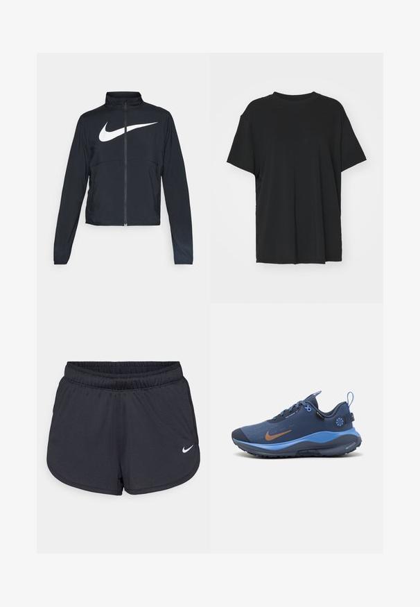 Black full-zip sports jacket with high collar, long sleeves, and large white Nike swoosh logo across the chest.; Black short-sleeve t-shirt made of smooth fabric, with a crew neck and loose fit. Features side slits for added comfort and breathability.; Black athletic shorts made of lightweight, breathable fabric. Features an elastic waistband and white Nike logo on the lower right side.; Blue athletic shoe with a smooth, textured upper, featuring a brown Nike logo and contrasting light blue accents. Rubber sole with grip detailing.