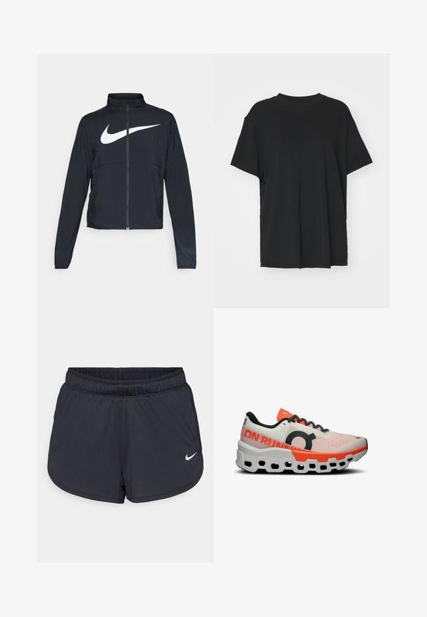 Schwarze Sportjacke mit vollem Reißverschluss, hohem Kragen, langen Ärmeln und großem weißen Nike-Swoosh-Logo auf der Brust.; Schwarzes T-Shirt mit kurzen Ärmeln aus glattem Stoff, mit Rundhalsausschnitt und lockerer Passform. Verfügt über seitliche Schlitze für zusätzlichen Komfort und Atmungsaktivität.; Schwarze Sportshorts aus leichtem, atmungsaktiven Material. Mit elastischem Bund und weißem Nike-Logo auf der unteren rechten Seite.; On CLOUDMONSTER 2 - Laufschuh Straße - undyed   flame