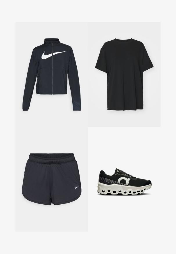 Sort fuld-zip sportsjakke med høj krave, lange ærmer og stort hvidt Nike swoosh-logo på brystet.; Sort kortærmet t-shirt lavet af glat stof, med rund hals og løs pasform. Har sideskår for ekstra komfort og åndbarhed.; Sorte atletikshorts med elastisk talje, med et sporty design og en hvid Nike-logo på den nederste front. Tekstureret stof.; Sort løbesko med en struktureret mesh-overdel, fremtrædende hvidt logo og en unik hvid og sort formstøbt sål med hexagonale udskæringer.