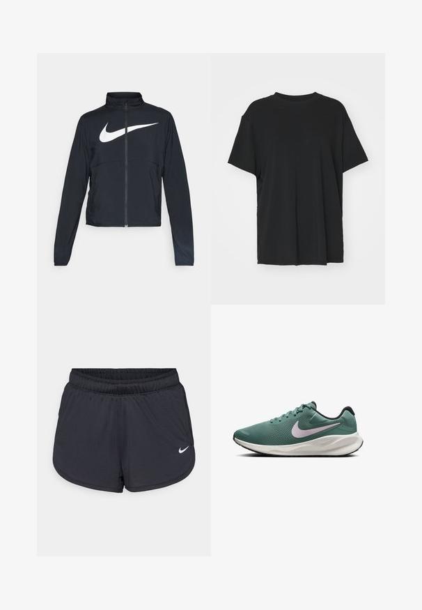 Casaco desportivo preto com fecho éclair completo, gola alta, mangas longas e grande logótipo branco da Nike na parte frontal.; T-shirt preto de manga curta feito de tecido suave, com decote redondo e corte solto. Apresenta aberturas laterais para maior conforto e respirabilidade.; Calções atléticos pretos com cintura elástica, apresentando um design desportivo e um logótipo Nike branco na parte inferior da frente. Tecido texturizado.; Sapatilha de corrida em malha verde com uma sola branca e preta. Apresenta um logo Nike em roxo claro e um tecido texturizado para respirabilidade.