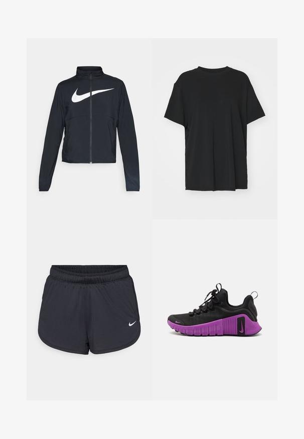 Casaco desportivo preto com fecho éclair completo, gola alta, mangas longas e grande logótipo branco da Nike na parte frontal.; T-shirt preto de manga curta feito de tecido suave, com decote redondo e corte solto. Apresenta aberturas laterais para maior conforto e respirabilidade.; Calções atléticos pretos com cintura elástica, apresentando um design desportivo e um logótipo Nike branco na parte inferior da frente. Tecido texturizado.; Sapatilha desportiva preta com parte superior em tecido texturizado, sola de borracha roxa e padrão de tração espesso. Apresenta atacadores e um pequeno logotipo da Nike.
