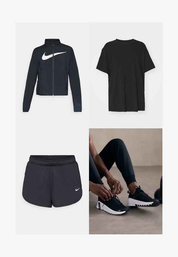 Czarna bluza sportowa na zamek błyskawiczny z wysokim kołnierzem, długimi rękawami i dużym białym logo Nike na klatce piersiowej.; Czarna krótko rękawowa koszulka wykonana z gładkiego materiału, z okrągłym dekoltem i luźnym krojem. Posiada boczne rozcięcia, które zapewniają dodatkowy komfort i przewiewność.; Czarne sportowe spodenki z elastycznym pasem, z sportowym wzorem i białym logo Nike na dolnej części przedniej strony. Tkanina o fakturze.; Czarne buty sportowe z fakturowaną czarną cholewką, białą podeszwą i gumowym bieżnikiem. Sznurowadła są związane, co podkreśla smukły design i logo.