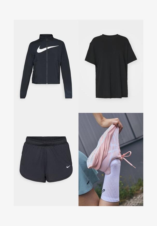 Crna sportska jakna s punim patentnim zatvaračem, visokim ovratnikom, dugim rukavima i velikim bijelim Nike swoosh logom preko grudi.; Crna majica kratkih rukava napravljena od glatkog materijala, s okruglim izrezom i slobodnim krojem. Ima bočne proreze za dodatnu udobnost i prozračnost.; Crne sportske kratke hlače s elastičnim pojasom, sportski dizajn i bijeli Nike logo na donjem prednjem dijelu. Teksturirani materijal.; Svijetlo ružičasta atletska cipela s mrežastim i čvrstim preklopima, uzdignutom potplatom i bijelim detaljima, uparen je s bijelom rebrastom čarapom s logom.