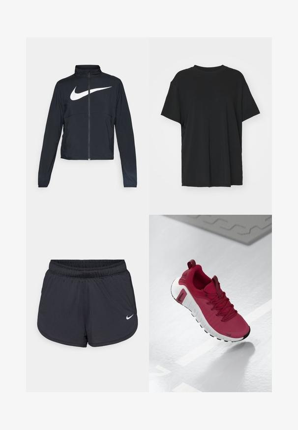 Casaco desportivo preto com fecho éclair completo, gola alta, mangas longas e grande logótipo branco da Nike na parte frontal.; T-shirt preto de manga curta feito de tecido suave, com decote redondo e corte solto. Apresenta aberturas laterais para maior conforto e respirabilidade.; Calções atléticos pretos com cintura elástica, apresentando um design desportivo e um logótipo Nike branco na parte inferior da frente. Tecido texturizado.; Sapatilha atlética vermelha com um upper texturizado, atacadores e uma sola branca grossa. Apresenta um bico preto em contraste e um logótipo na lateral.