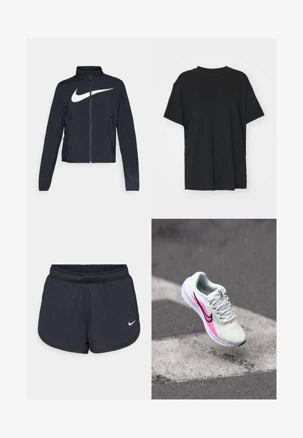 Giacca sportiva nera con zip completa, colletto alto, maniche lunghe e grande logo swoosh bianco Nike sul petto.; T-shirt nera a maniche corte realizzata in un tessuto morbido, con collo rotondo e vestibilità ampia. Presenta delle fessure laterali per un comfort e una traspirabilità aggiuntivi.; Pantaloncini sportivi neri con cintura elastica, caratterizzati da un design sportivo e un logo Nike bianco sulla parte anteriore inferiore. Tessuto strutturato.; Scarpa da corsa leggera in mesh bianco, con accenti rosa e neri, tacco rialzato e suola testurizzata, posizionata in aria sopra il pavimento.