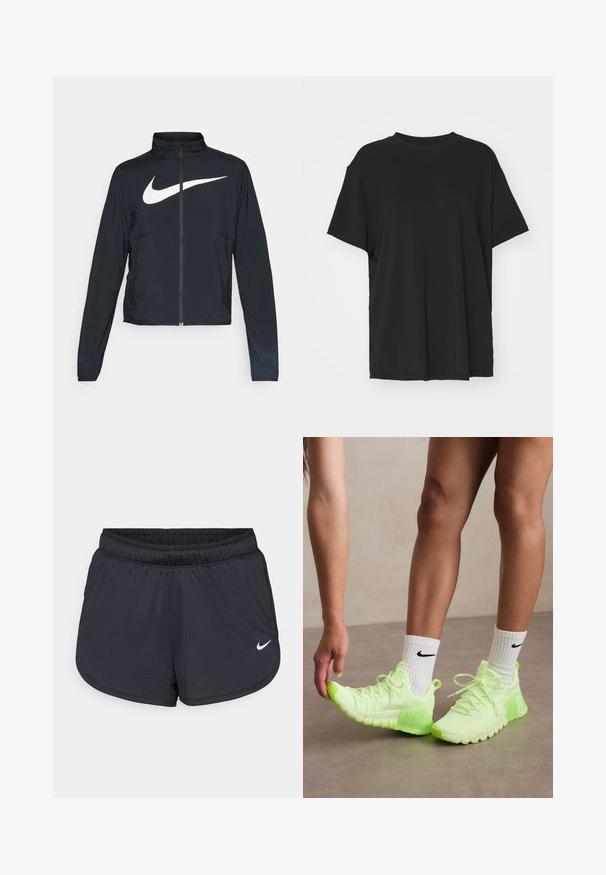 Chaqueta deportiva negra de cremallera completa con cuello alto, mangas largas y gran logo de Nike en blanco en el pecho.; Camiseta negra de manga corta hecha de tejido suave, con cuello redondo y corte holgado. Presenta aberturas laterales para mayor comodidad y transpirabilidad.; Pantalones cortos deportivos negros con una cintura elástica, presentan un diseño deportivo y un logo blanco de Nike en la parte inferior del frente. Tejido texturizado.; Zapatillas deportivas en verde neón con suela texturizada, diseño con cordones y un logotipo de Nike en blanco en el lateral. Usadas con calcetines blancos con acentos en negro.