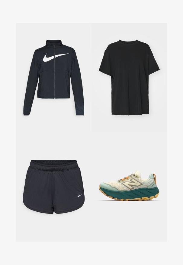 Veste de sport noire zippée sur toute la longueur avec un col haut, des manches longues et un grand logo Nike swoosh blanc sur la poitrine.; T-shirt noir à manches courtes en tissu lisse, avec un col ras du cou et une coupe décontractée. Présente des fentes sur les côtés pour plus de confort et de respirabilité.; Shorts de sport noirs avec une taille élastique, présentant un design sportif et un logo Nike blanc sur le bas à l'avant. Tissu texturé.; Chaussure de course pour homme avec une tige en maille légère de couleur crème et turquoise, une semelle turquoise rembourrée et des lacets orange avec des détails réfléchissants.