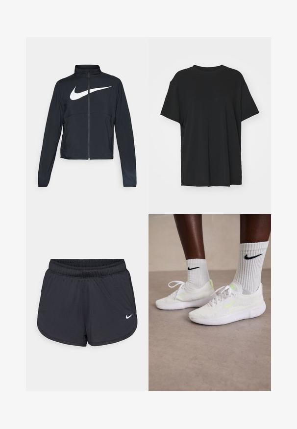 Casaco desportivo preto com fecho éclair completo, gola alta, mangas longas e grande logótipo branco da Nike na parte frontal.; T-shirt preto de manga curta feito de tecido suave, com decote redondo e corte solto. Apresenta aberturas laterais para maior conforto e respirabilidade.; Calções atléticos pretos com cintura elástica, apresentando um design desportivo e um logótipo Nike branco na parte inferior da frente. Tecido texturizado.; Sapatilhas brancas da Nike com parte superior de malha texturizada e detalhes em verde neon, combinadas com meias brancas caneladas que apresentam um logotipo preto.