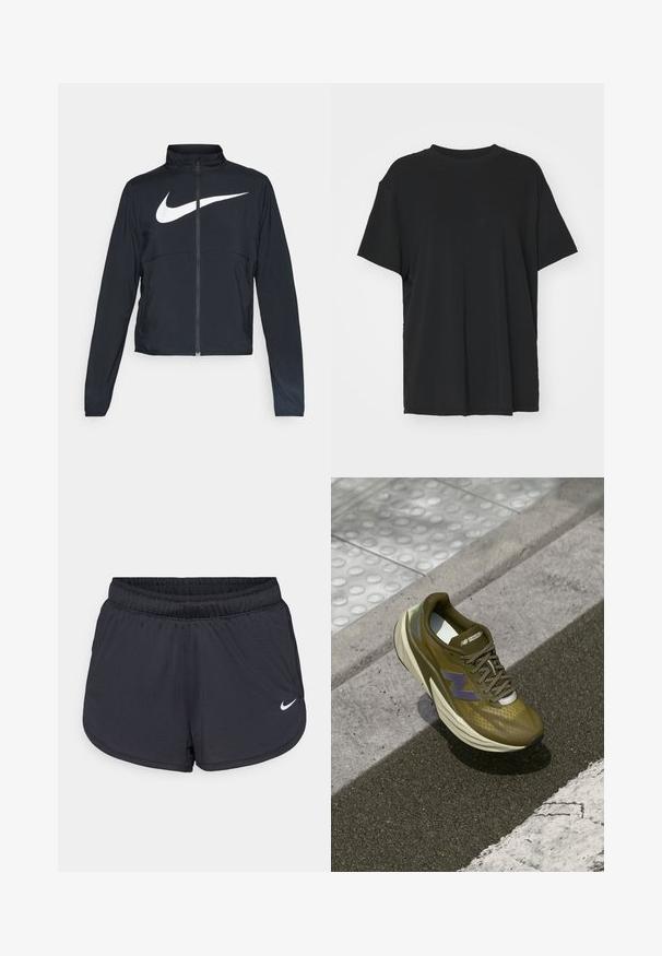 Svart joggebund med hel glidelås, høy krage, lange ermer og stort hvitt Nike swoosh-logo over brystet.; Svart t-skjorte med korte ermer laget av glatt stoff, med rund hals og løs passform. Har sideslisser for ekstra komfort og pusteevne.; Sorte atletiske shorts med elastisk midjebånd, med et sporty design og en hvit Nike-logo på nedre front. Teksturert stoff.; Oliven grønne treningssko med en pustende mesh-overdel, dempende mellomsåle, lilla logo-accent og teksturert gummiyttersåle for grep.